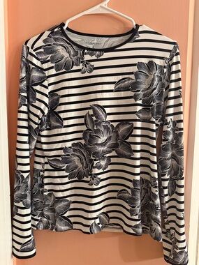 Lands' End Women’s Black & White Striped Floral Long-Sleeve Top size small